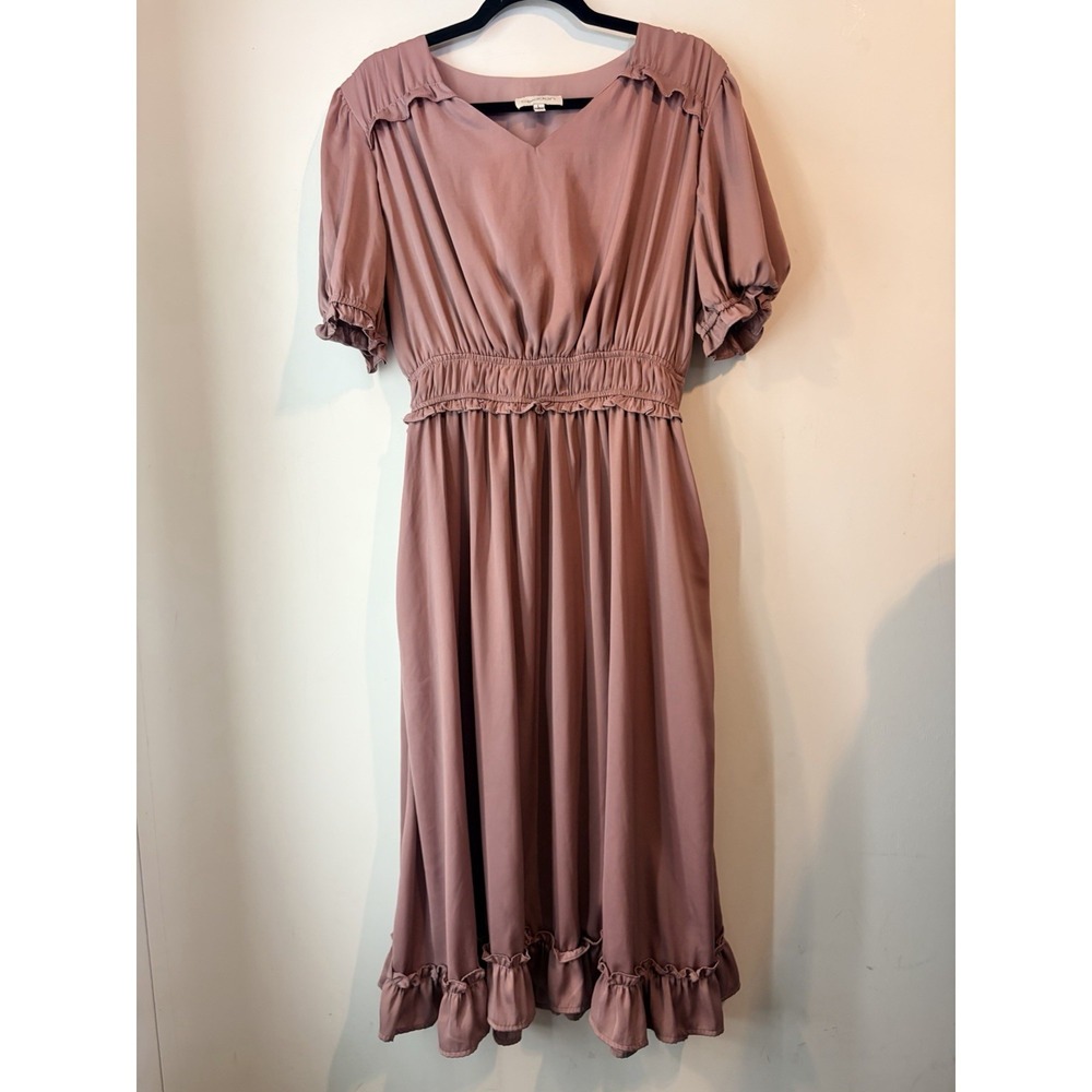 Celadon Mauve Midi Dress Womens Large‎ Cottagecore Puff Sleeve Ruffle Hem